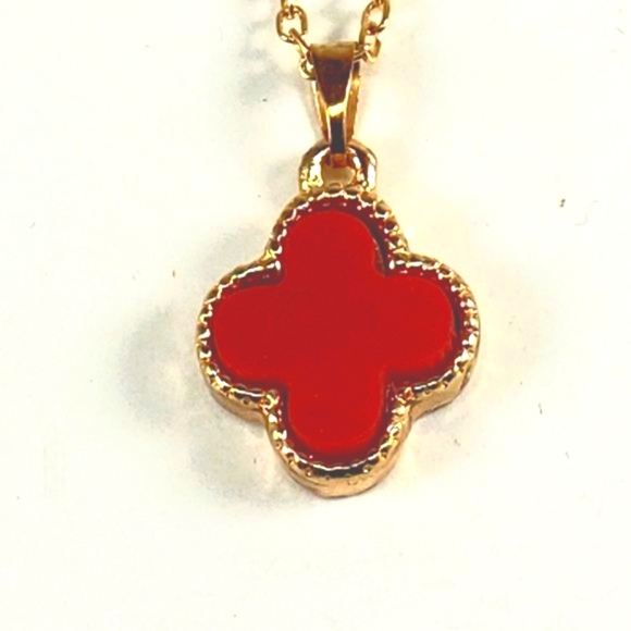 Charming Charlie Jewelry - Polished Rose Gold-tone 18" Necklace w/ Dainty Burgundy Red Clover Pendant